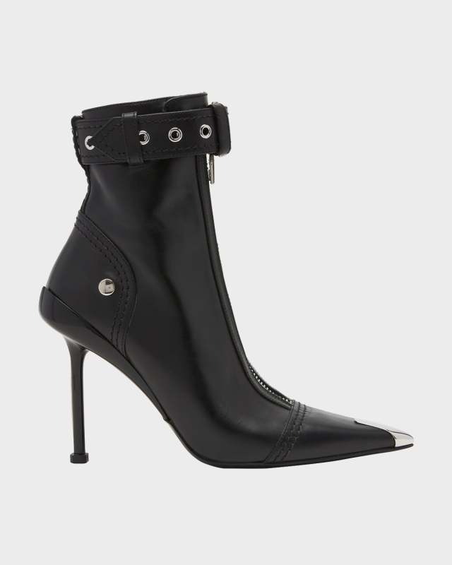 Leather Buckle-Cuff Stiletto Moto Booties